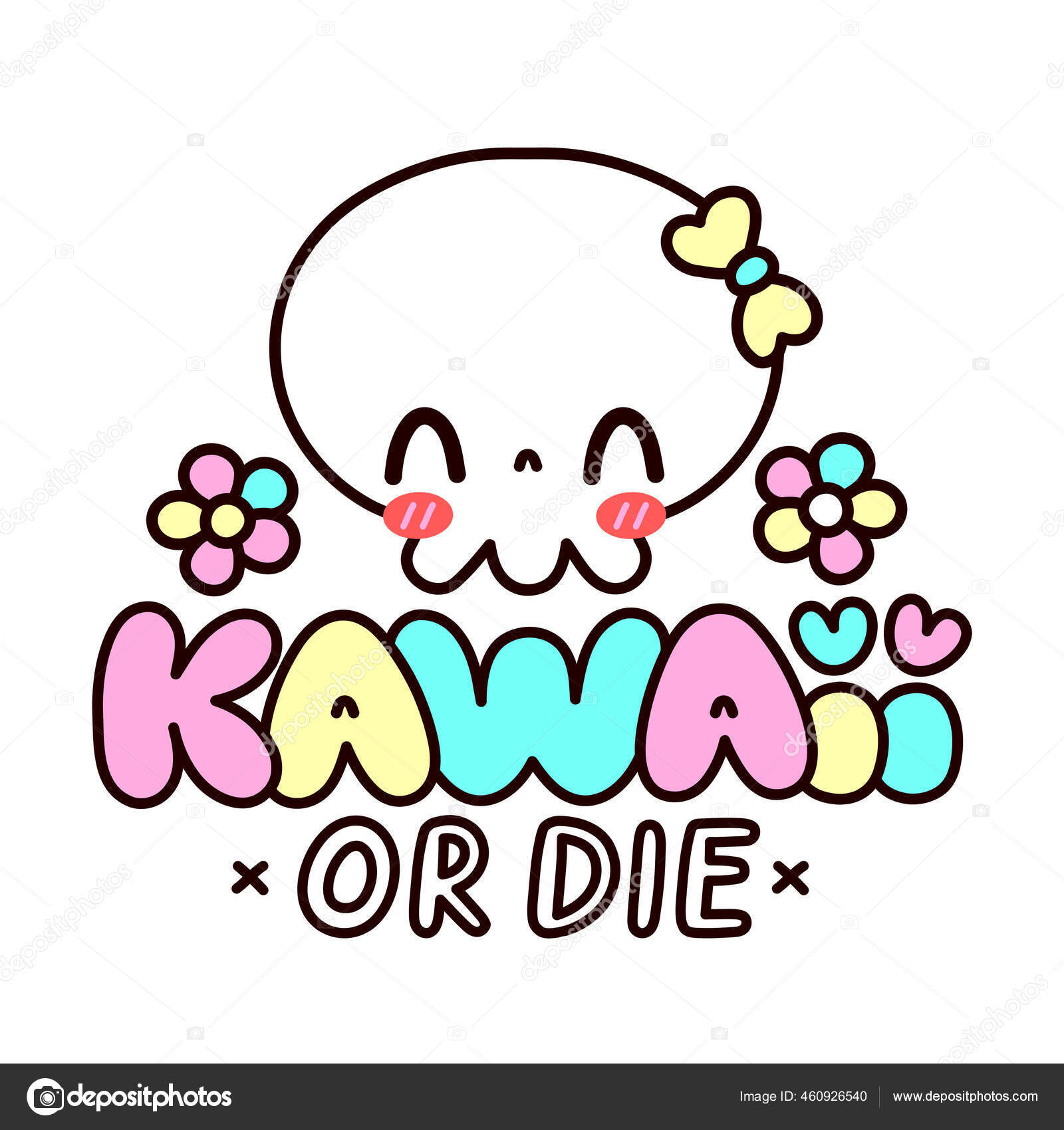 Personagem de crânio engraçado bonito. Kawaii ou morrer citação. Vetor  linha plana desenho animado ícone de ilustração personagem kawaii. Kawaii  imprimir para t-shirt, cartão, conceito de cartaz imagem vetorial de  Kahovsky© 476310152