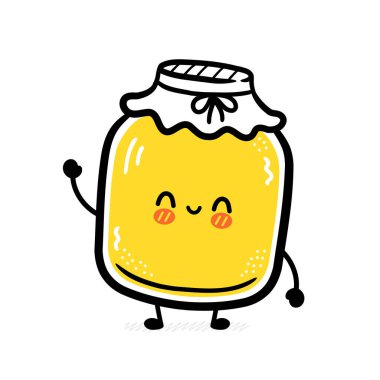 Sevimli komik kombu cha kavanozu karakteri. Vektör düz çizgi çizgi film Kawaii karakter resimleme simgesi. Beyaz arka planda izole edilmiş. Kombucha kavanoz karakteri kavramı