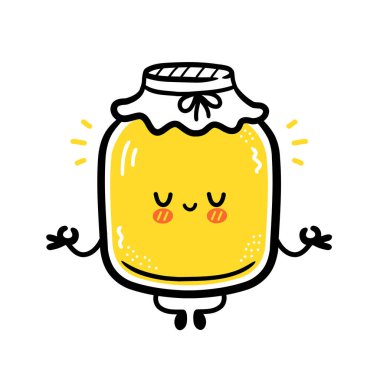 Şirin, komik kombu çayı kavanozu karakteri meditasyon yapıyor. Vektör düz çizgi çizgi film Kawaii karakter resimleme simgesi. Beyaz arka planda izole edilmiş. Kombucha kavanoz karakteri kavramı