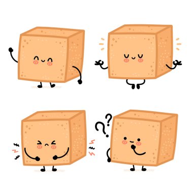 Şirin, neşeli, kahverengi kamış şekeri küp karakter koleksiyonu. Vektör düz çizgi çizgi film Kawaii karakter resimleme simgesi. Beyaz arka planda izole edilmiş. Şeker küpü karakter paketi konsepti