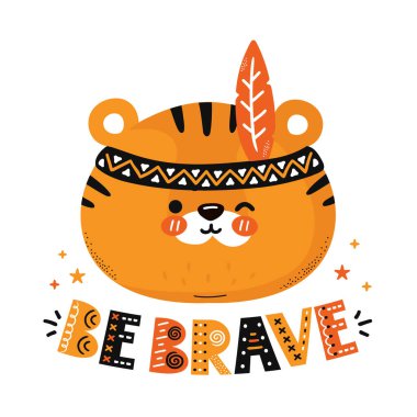 Şirin komik kaplan. Cesur ol. Vektör İskandinav tarzı çizgi film karakteri çizim ikonu. Beyaz arka planda izole edilmiş. Çocuk tişörtü, kart, poster konsepti için kaplan karakteri kreş baskısı