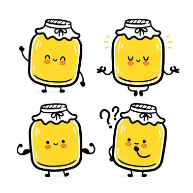 Sevimli komik kombu cha kavanozu koleksiyonu. Vektör düz çizgi çizgi film Kawaii karakter resimleme simgesi. Beyaz arka planda izole edilmiş. Kombucha kavanozu karakter paketi kavramı