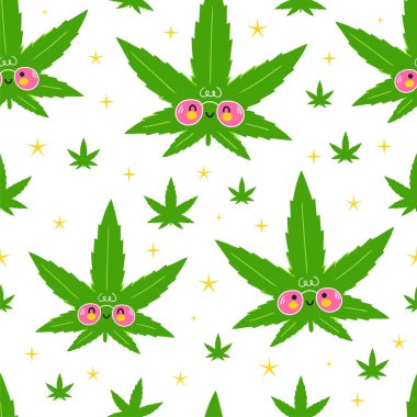 Sevimli, neşeli marihuana yaprakları ve yıldızların kusursuz desenleri. Vector kawaii çizgi film çizim ikonu tasarımı. Beyaz arka planda izole edilmiş. Güzel ot, marihuana, kusursuz desenli konsept.