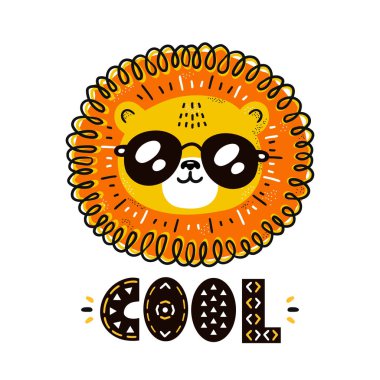 Güneş gözlüklü sevimli komik aslan. Güzel alıntı. Vektör İskandinav tarzı çizgi film karakteri çizimi. Beyaz arka planda izole edilmiş. Tişört, kart, poster konsepti için kaplan karakteri kreş baskısı