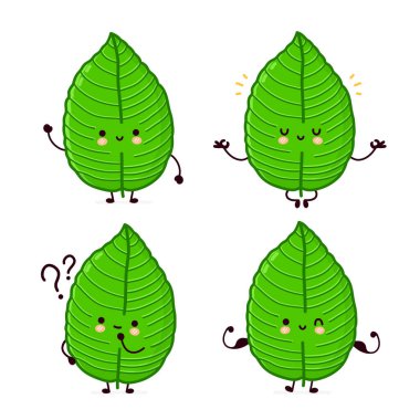 Şirin komik kratom yaprağı karakter seti koleksiyonu. Vektör düz çizgi çizgi film Kawaii karakter resimleme simgesi. Beyaz arka planda izole edilmiş. Kratom yaprak karakter demeti kavramı