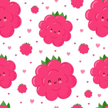 Sevimli, neşeli ahududu ve kalpsiz desen. Vector kawaii çizgi film çizim ikonu tasarımı. Beyaz arka planda izole edilmiş şirin ahududu desensiz desen konsepti