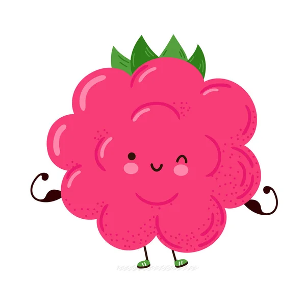 Raspberry lucu menunjukkan otot. Vektor tangan gambar kartun kawaii karakter ikon ilustrasi. Terisolasi di latar belakang putih. Konsep kebugaran raspberry - Stok Vektor