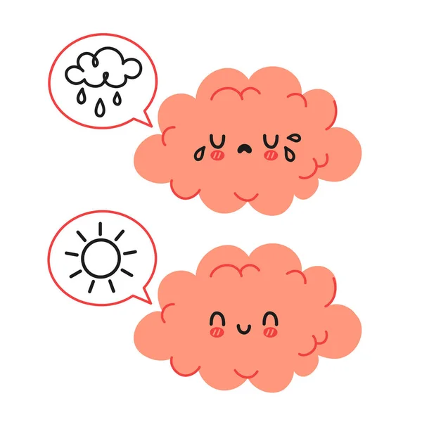 Personagem engraçado bonito do cérebro e bolha de fala com sol e chuva nuvem. Ícone de ilustração de personagem de kawaii de desenho animado vetorial. Isolado em fundo branco. Cérebro conceito de caráter de humor triste e feliz — Vetor de Stock