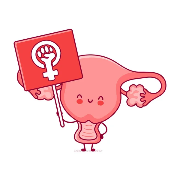 Niedliche glückliche Gebärmutter Organ halten Feminismus Zeichen Charakter. Vector flache Linie Karikatur kawaii Charakter Illustration Symbol. Vereinzelt auf weißem Hintergrund. Gebärmutter mit feministischem Zeichenkonzept — Stockvektor