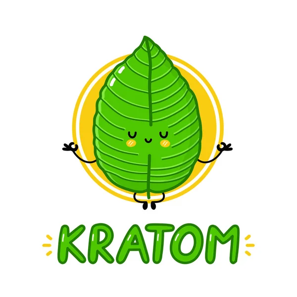 Cute funny kratom leaf 는 캐릭터 디자인을 명상 한다. 벡터 플랫 라인 만화 kawaii 문자 일러스트 아이콘. 하얀 배경에 고립되어 있습니다. Kratom leaf character 로고 템플릿 개념 — 스톡 벡터