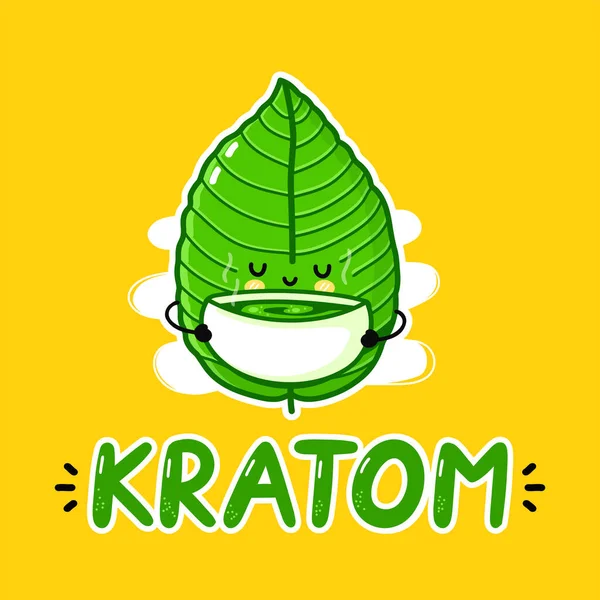 Roztomilý legrační kratom list pít čaj charakter logo design. Vektor ploché čáry karikatura kawaii znak ilustrace ikona. Koncept šablony znakového loga listu Kratom — Stockový vektor