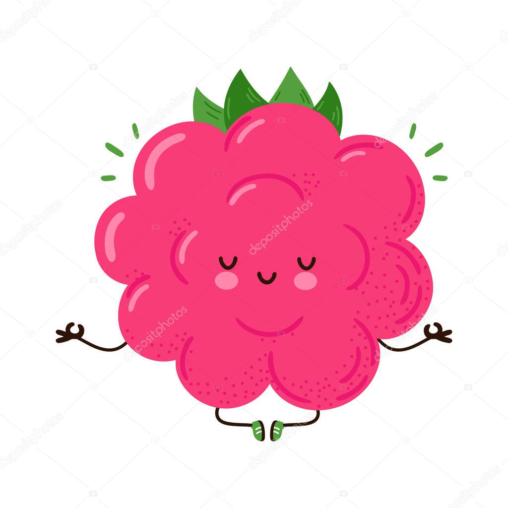 Cute funny Raspberry meditate in yoga pose. Vector hand drawn cartoon kawaii character illustration icon. Isolated on white background. Raspberry meditate concept