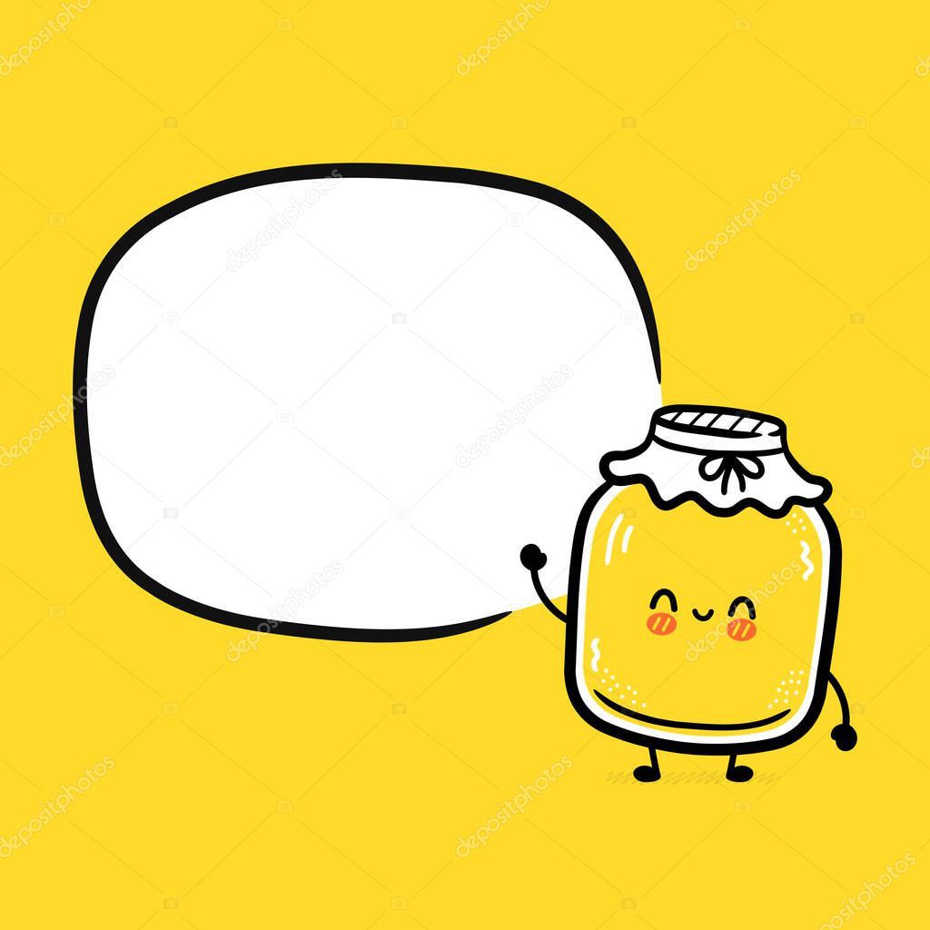 Cute funny kombucha jar character with speech bubble. Vector flat line cartoon kawaii character illustration icon. Kombucha jar character concept