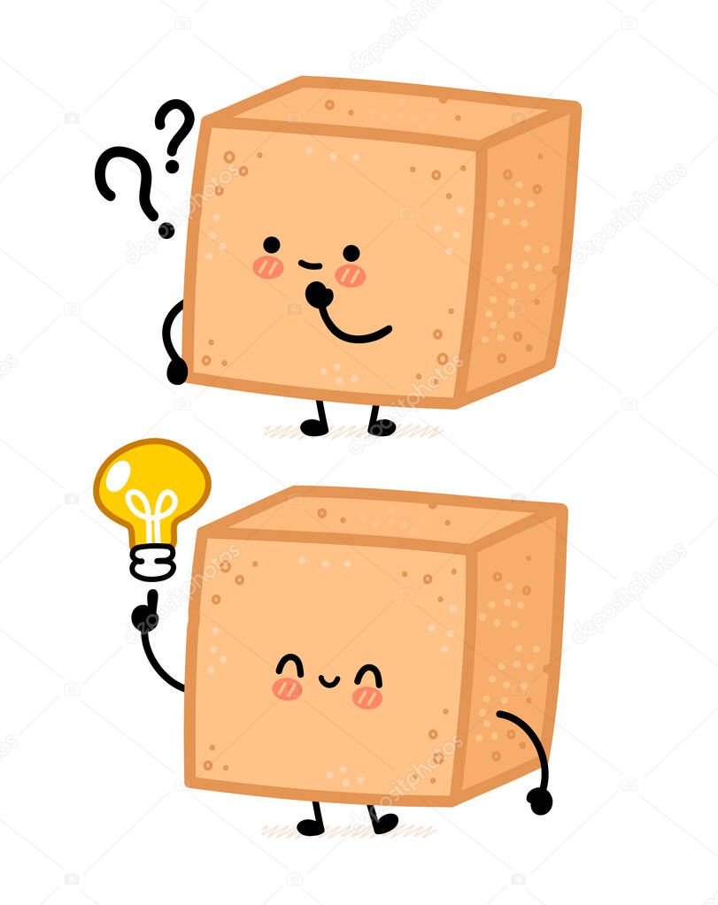 Cute brown cane sugar piece cube character with question mark and idea lightbulb. Vector flat line cartoon kawaii character illustration. Isolated on white background. Sugar cube character concept