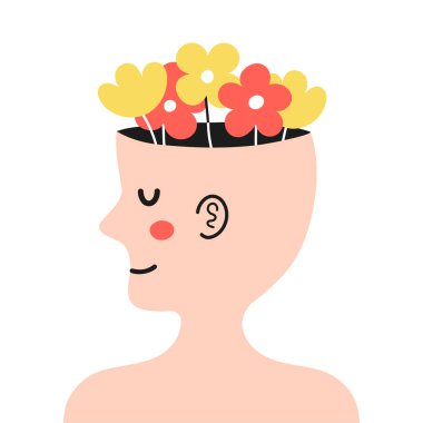 İçinde çiçekler olan sevimli bir insan kafası. İyi ruh hali, zihinsel, duygusal durum konsepti. Vektör çizgi film karakteri çizim simgesi. Beyaz arkaplanda izole