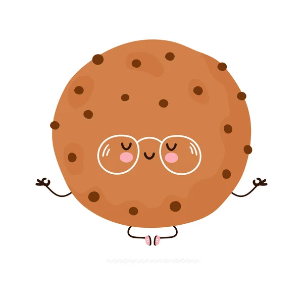 Roztomilé vtipné Cookie meditují v józe. Vektor ručně kreslený karikatura kawaii znak ilustrace ikona. Izolované na bílém pozadí. Cookie meditovat koncept — Stockový vektor