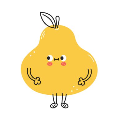 Şirin armut meyvesi. Vektör el çizimi çizgi film kawaii doodle karakter çizim simgesi. Armut meyveli bebek maskot çizgi film karakteri konsepti. Beyaz arkaplanda izole