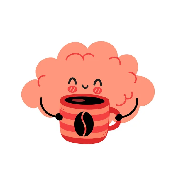 Söt rolig hjärna dricka kaffe från mugg. Vektor handritad tecknad kawaii tecken illustration ikon. Isolerad på vit bakgrund. Kaffe eller te kopp, mugg, hjärnorgan karaktär koncept — Stock vektor