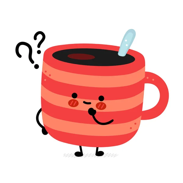 호기심많은 커피 잔에 물음표를 새겼네. 벡터 손으로 그린 만화 kawaii 캐릭터 일러스트 아이콘. 하얀 배경에 고립되어 있습니다. 커피 나 홍차 컵 의 인물적 개념 — 스톡 벡터