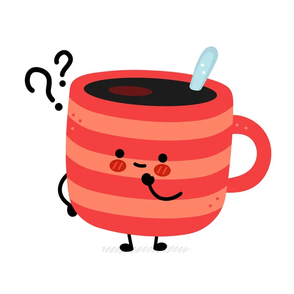 Caneca de café engraçado bonito com ponto de interrogação. Vector mão desenhada desenho animado ícone de ilustração personagem kawaii. Isolado em fundo branco. Café ou xícara de chá, conceito de caráter caneca — Vetor de Stock