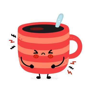 Şirin, komik, üzgün kahve kupası. Vektör el çizimi çizgi film kawaii karakter çizimi simgesi. Beyaz arka planda izole edilmiş. Kahve ya da çay fincanı, kupa karakteri konsepti