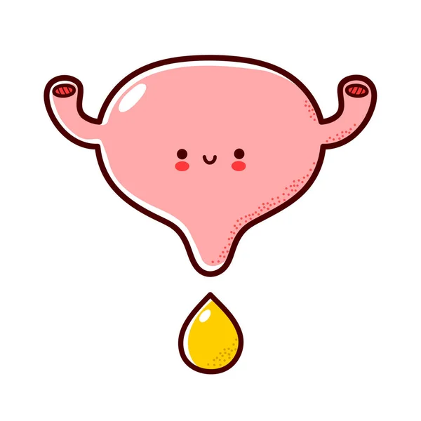 Lindo personaje divertido divertido órgano de la vejiga humana con gota de orina. Icono de ilustración de personaje kawaii de línea plana vectorial. Aislado sobre fondo blanco. Vejiga con el concepto de mascota personaje cara — Archivo Imágenes Vectoriales