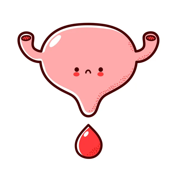 Carino triste divertente personaggio organo della vescica umana con goccia di sangue. Vettoriale linea piatta cartone animato kawaii personaggio illustrazione icona. Isolato su sfondo bianco. Concetto di mascotte della vescica e del carattere sanguigno — Vettoriale Stock