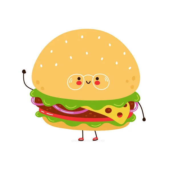 Aranyos vicces hamburger szemüveges karakterben. Vektor kézzel rajzolt rajzfilm kawaii karakter illusztráció ikon. Elszigetelve, fehér háttérrel. Burger karakter koncepció — Stock Vector