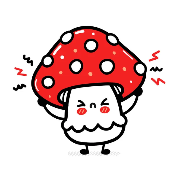 Милый, грустный, счастливый гриб Аманиты. Векторный рисунок иконки персонажа карикатуры кавайи. Изолированный на белом фоне. Забавная концепция персонажа грибного талисмана аманиты — стоковый вектор