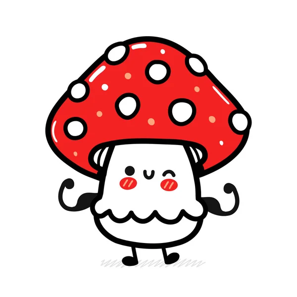 Cute funny happy amanita mushroom show muscle. Vector hand drawn cartoon kawaii character illustration icon. Isolated on white background. Funny amanita mushroom mascot character concept — Stock Vector