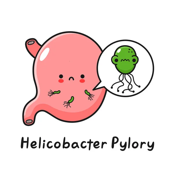 Helicobacter pillori bakterili şirin bir mide organı. Vektör el çizimi çizgi film Kawaii karakteri çizimi. Beyaz arka planda izole edilmiş. Helikobacter pilori bakterisi yüzünden midesi bulanıyor. — Stok Vektör