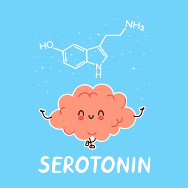Sevimli komik insan beyin organı karakteri ve serotonin formülü. Vektör el çizimi çizgi film kawaii karakter çizimi simgesi. Beyin medikal kimyası, serotonin çizgi film karakteri konsepti
