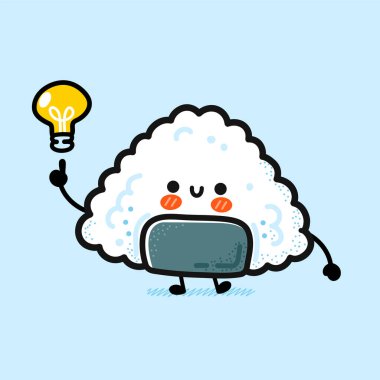 Fikir ampulü olan sevimli, komik bir onigiri. Vektör el çizimi çizgi film kawaii karakter çizimi simgesi. Onigiri, Asya pirinci ve nori yemeği, suşi maskotu karakter konsepti.