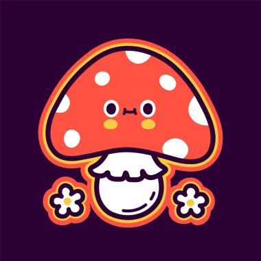 Sevimli, mutlu mantar ve çiçekler. Vektör el çizimi çizgi film kawaii karakter çizimi simgesi. Beyaz arka planda izole edilmiş. Komik mantar maskotu karakter konsepti