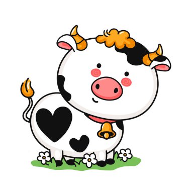 Çayır üzerinde şirin, komik bir inek. Vektör el çizimi çizgi film kawaii karakter çizimi simgesi. Beyaz arka planda izole edilmiş. İnek karalama karakteri konsepti