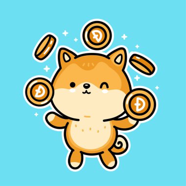Şirin komik akita inu köpek altın Dogecoin sikkeleri karakteriyle hokkabazlık yapıyor. Vektör el çizimi çizgi film Kawaii karakteri çizimi. Kripto para birimi, dogecoin dijital para karakteri kavramı