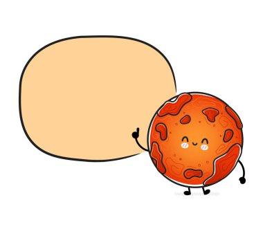 Konuşma baloncuğu olan sevimli, mutlu Mars gezegeni. Vektör el çizimi çizgi film kawaii karakter çizimi simgesi. Beyaz arka planda izole edilmiş. Uzay keşfi, Mars gezegeni evren karakter kavramı