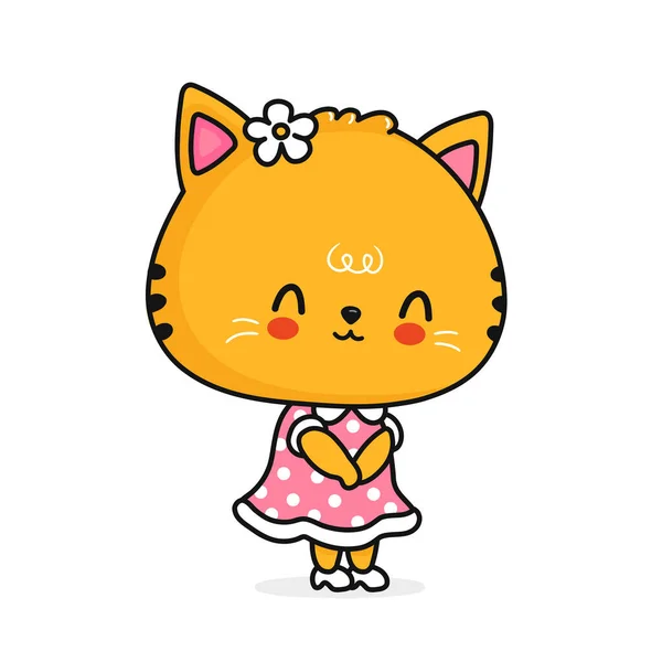Bonito engraçado senhora menina gato no vestido. Vetor linha plana desenho animado ícone de ilustração personagem kawaii. Engraçado bonito desenho animado gato, kittoe menina conceito — Vetor de Stock