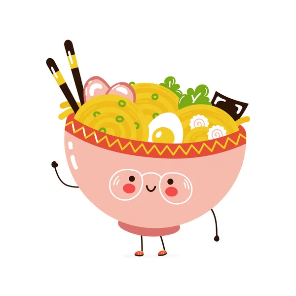 Aranyos vicces Ramen Bowl karakter. Vektor kézzel rajzolt rajzfilm kawaii karakter illusztráció ikon. Elszigetelve, fehér háttérrel. Ramen tál karakter koncepció — Stock Vector