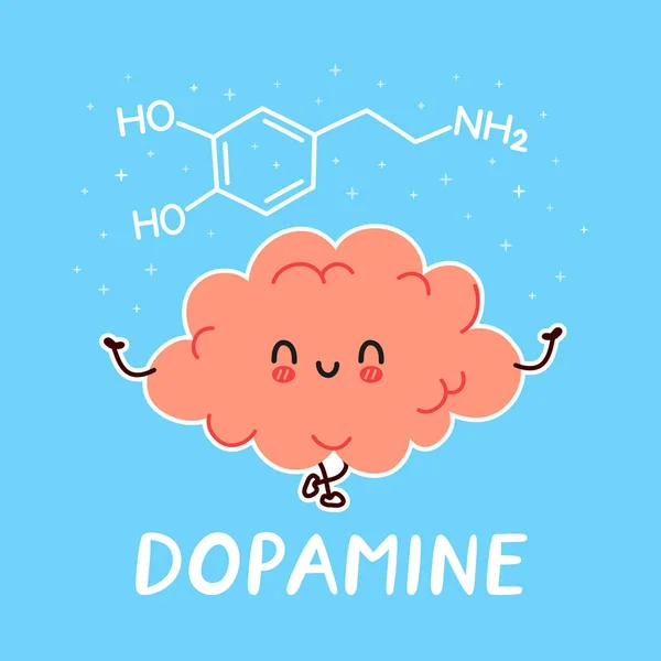 Sevimli komik insan beyin organı karakteri ve dopamin formülü. Vektör el çizimi çizgi film kawaii karakter çizimi simgesi. Beyin, dopamin çizgi film karakteri tıbbi konsepti — Stok Vektör