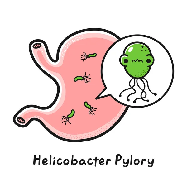Helicobacter pillori bakterili insan mide organı. Vektör el çizimi çizgi film Kawaii karakteri çizimi. Beyaz arka planda izole edilmiş. Helikobacter pilori bakterisi yüzünden midesi bulanıyor. — Stok Vektör