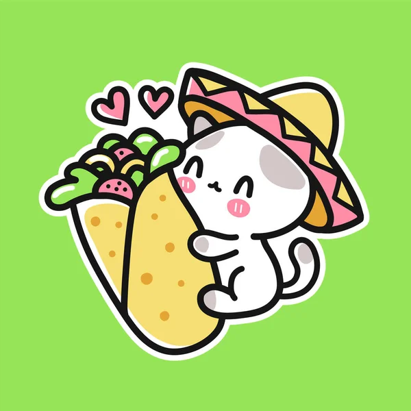 멕시코 모자를 쓴 귀여운 고양이가 부리토를 껴안고 있군. 벡터 손으로 그린 만화 kawaii 캐릭터 일러스트 아이콘. 멕시코 음식 부리토, 고양이 만화 스티커, 포스터, 티셔츠 프린트 컨셉 — 스톡 벡터