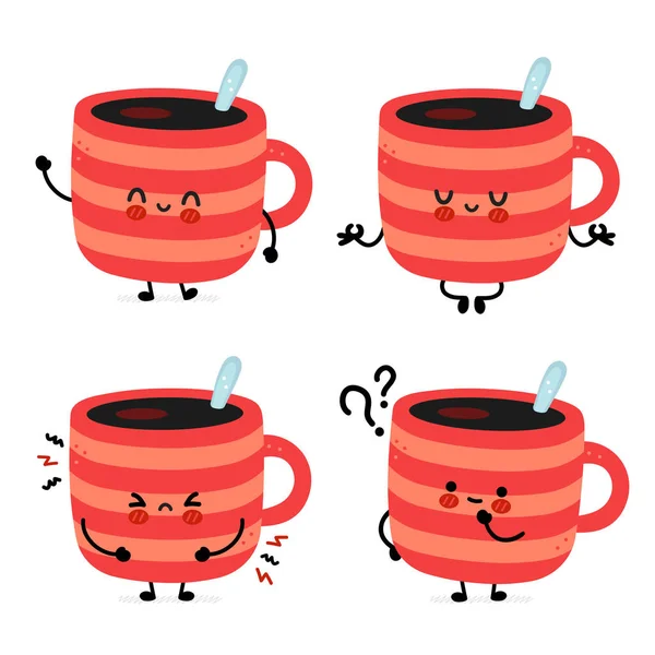 Niedliche lustige Kaffeebecher-Set-Kollektion. Vector handgezeichnete Karikatur Kawaii Charakter Illustration Symbol. Vereinzelt auf weißem Hintergrund. Kaffee- oder Teetasse, Tasse Charakter Bundle-Konzept — Stockvektor