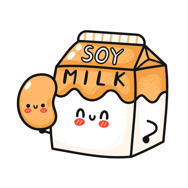 Cute śmieszne mleko sojowe pudełko trzymać fasoli. Wektor ręcznie rysowane kreskówki ikona postaci kawaii ilustracji. Odizolowany na białym tle. Mleko sojowe papierowe pudełko koncepcja charakter maskotka — Wektor stockowy