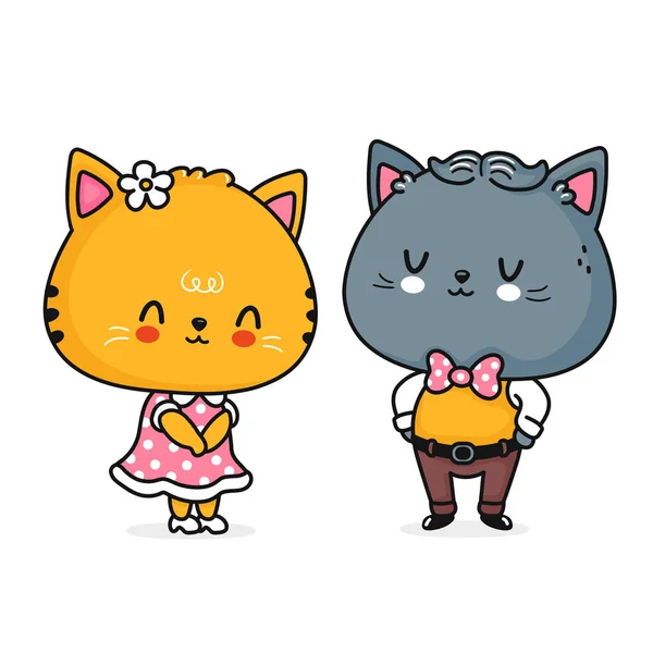 Bonito casal de gatos engraçados. Vetor linha plana desenho animado ícone de ilustração personagem kawaii. Isolado em fundo branco. Engraçado bonito desenho animado menino e menina gatos conceito — Vetor de Stock