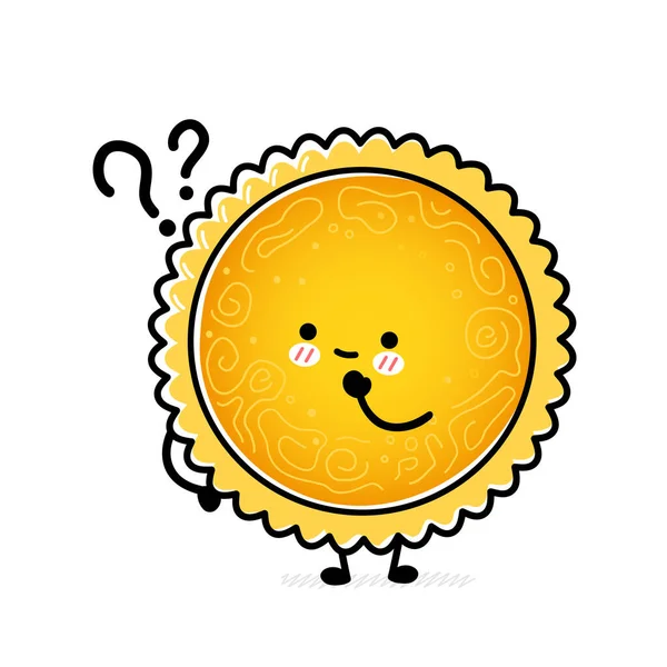 Lindo sol divertido con signos de interrogación. Vector dibujado a mano caricatura kawaii carácter icono de la ilustración. Aislado sobre fondo blanco. concepto de carácter de mascota del sol — Vector de stock