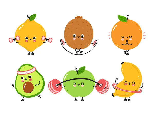 Frutas engraçadas bonitos fazer coleção conjunto ginásio. Vetor linha plana desenho animado ícone de ilustração personagem kawaii. Isolado em fundo branco. Abacate, limão, laranja, maçã, quivi, pacote de personagem de treino de banana —  Vetores de Stock