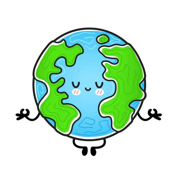 Cute funny happy Earth planet meditate in yoga pose. Vector hand drawn cartoon kawaii character illustration icon. Isolated on white background. Earth planet, ecology, eco mascot character concept — Stock Vector