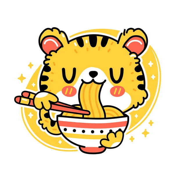 Tigre engraçado bonito comer macarrão de tigela. Vector mão desenhada desenho animado ícone de ilustração personagem kawaii. Isolado em fundo branco. comida asiática, japonês, coreano macarrão mascote desenho animado conceito de personagem — Vetor de Stock