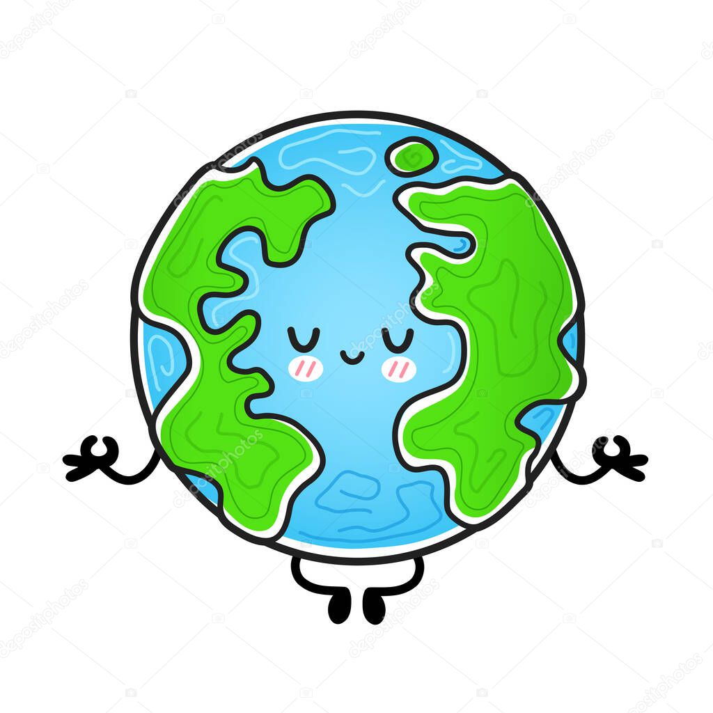Cute funny happy Earth planet meditate in yoga pose. Vector hand drawn cartoon kawaii character illustration icon. Isolated on white background. Earth planet, ecology, eco mascot character concept